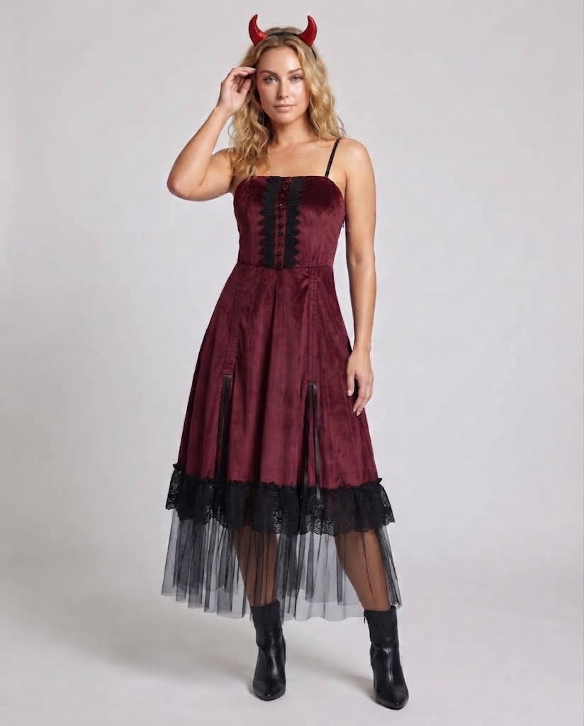 Red velvet costume dress with black lace trim, tulle hem and devil horns headband