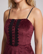 Red velvet costume dress with black lace trim, tulle hem and devil horns headband - view 2