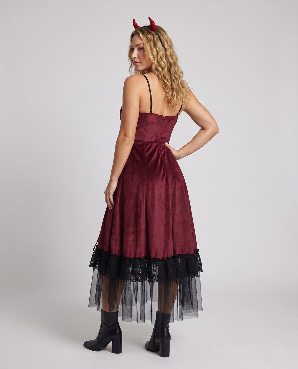 Red velvet costume dress with black lace trim, tulle hem and devil horns headband - view 3