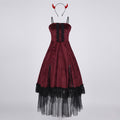 Red velvet costume dress with black lace trim, tulle hem and devil horns headband - view 4