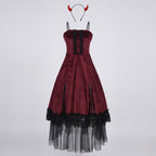 Red velvet costume dress with black lace trim, tulle hem and devil horns headband - view 4