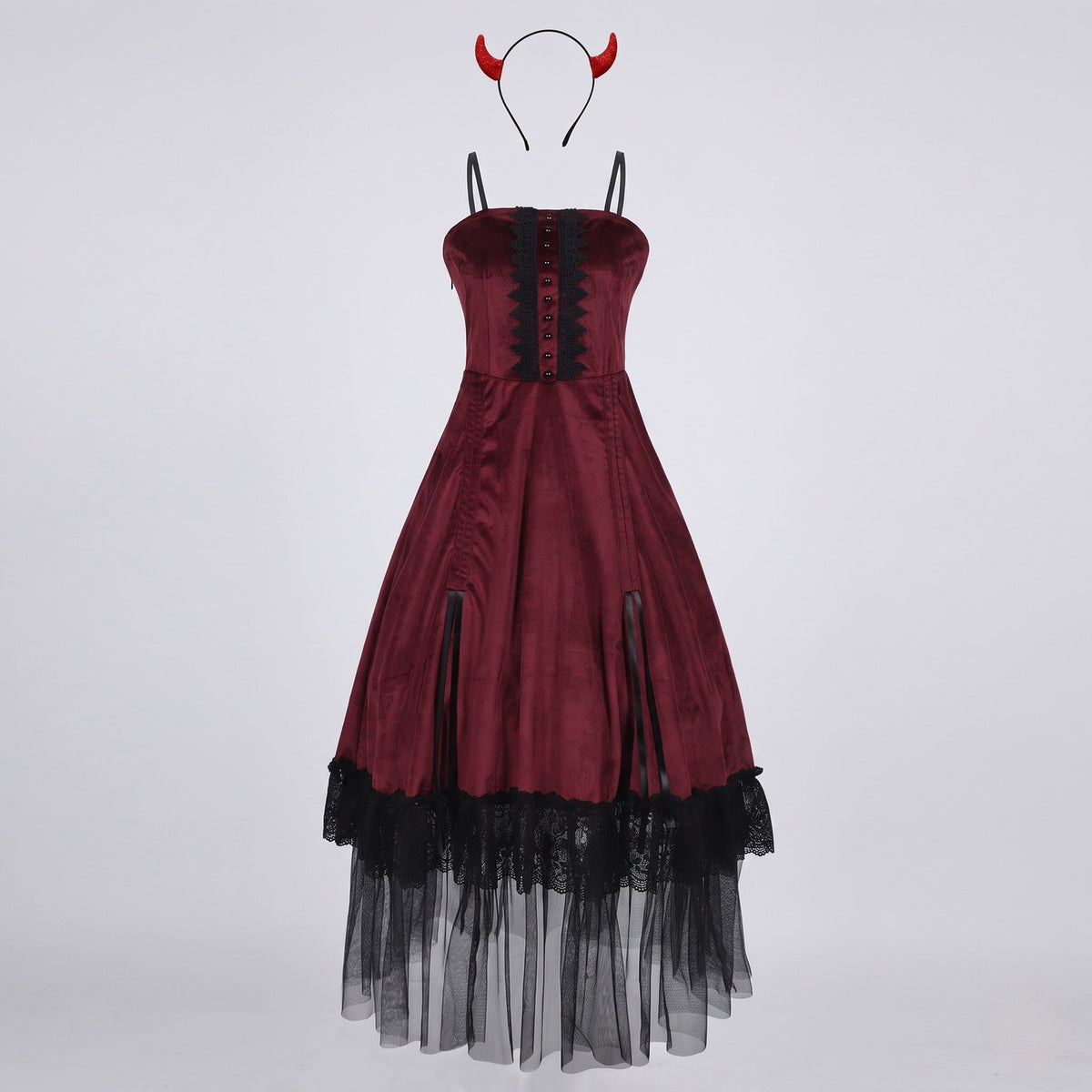 Red velvet costume dress with black lace trim, tulle hem and devil horns headband - view 4