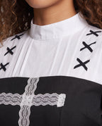 Black long sleeve nun-inspired Halloween costume mini dress with white pleated bib and lace cross trim - view 2