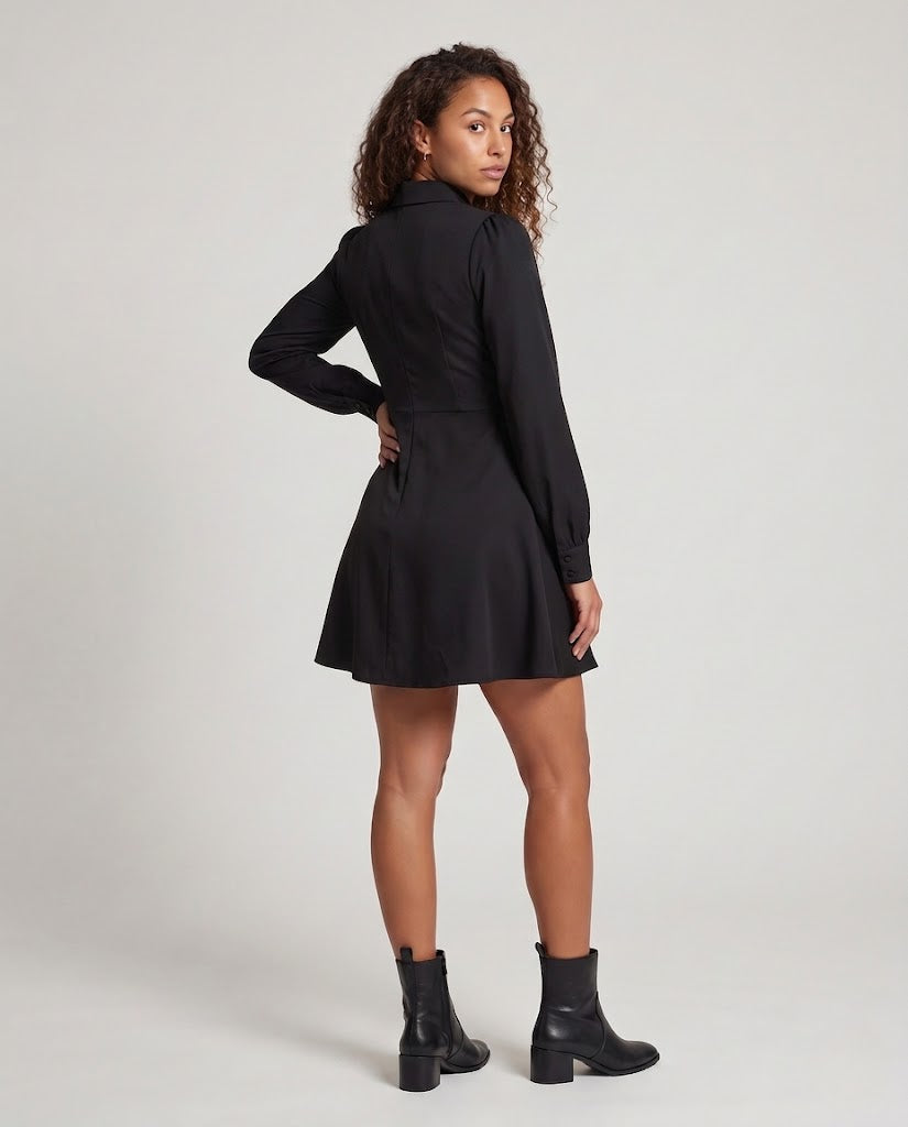 Black long sleeve nun-inspired Halloween costume mini dress with white pleated bib and lace cross trim - view 3