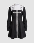 Black long sleeve nun-inspired Halloween costume mini dress with white pleated bib and lace cross trim - view 4