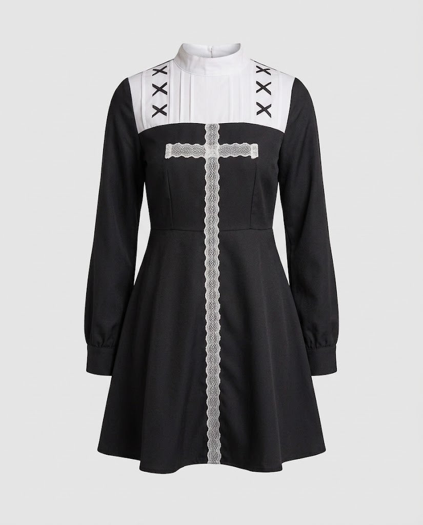 Black long sleeve nun-inspired Halloween costume mini dress with white pleated bib and lace cross trim - view 4