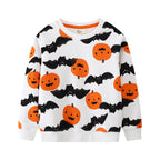 Kids white crewneck sweatshirt with orange pumpkin and black bat Halloween print