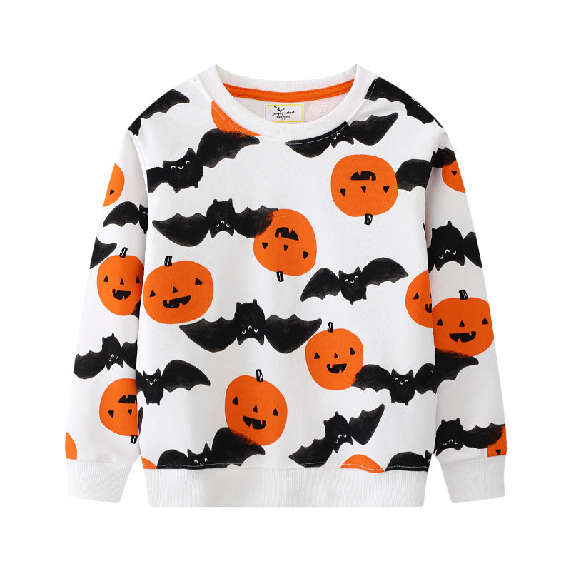 Kids white crewneck sweatshirt with orange pumpkin and black bat Halloween print