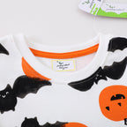 Kids white crewneck sweatshirt with orange pumpkin and black bat Halloween print - view 2