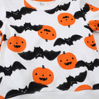 Kids white crewneck sweatshirt with orange pumpkin and black bat Halloween print - view 3