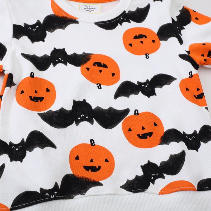 Kids white crewneck sweatshirt with orange pumpkin and black bat Halloween print - view 3