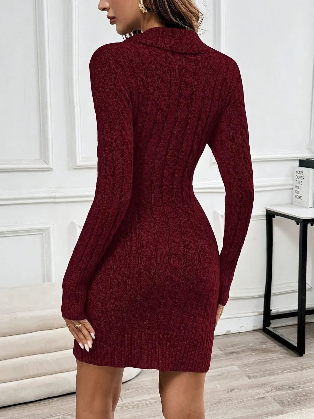 Cable knit bodycon mini sweater dress with fold-over V-neck collar and side buttons - view 2