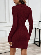 Cable knit bodycon mini sweater dress with fold-over V-neck collar and side buttons - view 2
