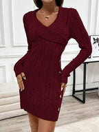 Cable knit bodycon mini sweater dress with fold-over V-neck collar and side buttons - view 3