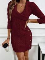 Cable knit bodycon mini sweater dress with fold-over V-neck collar and side buttons - view 4