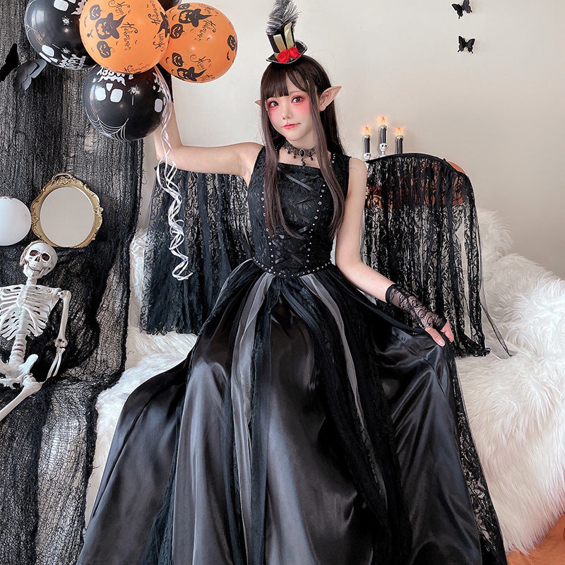 Women's black gothic witch costume dress with laced studded bodice and layered tulle and lace maxi skirt - view 2