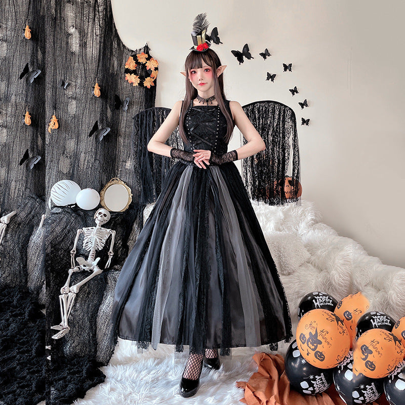 Women's black gothic witch costume dress with laced studded bodice and layered tulle and lace maxi skirt - view 3
