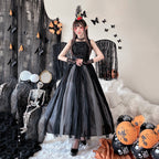 Women's black gothic witch costume dress with laced studded bodice and layered tulle and lace maxi skirt - view 3