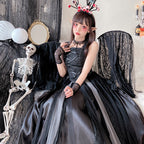 Women's black gothic witch costume dress with laced studded bodice and layered tulle and lace maxi skirt - view 4