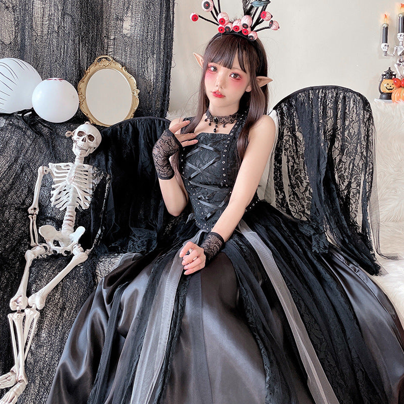 Women's black gothic witch costume dress with laced studded bodice and layered tulle and lace maxi skirt - view 4