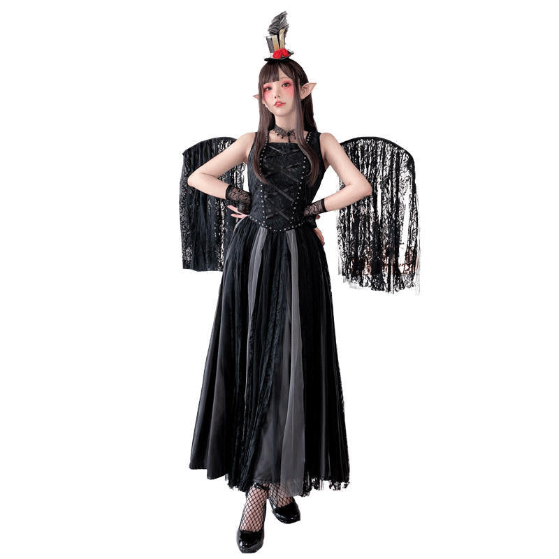 Women's black gothic witch costume dress with laced studded bodice and layered tulle and lace maxi skirt - view 5