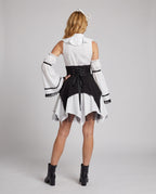 White and black gothic Halloween costume dress with lace-up corset waist, handkerchief hem and lace-trimmed detached bell sleeves - view 4