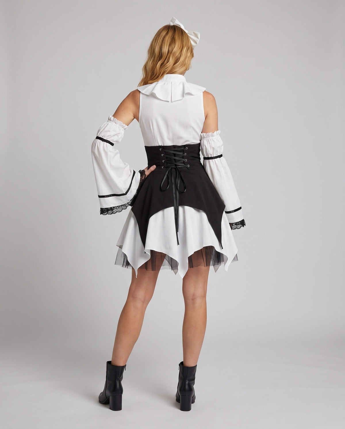 White and black gothic Halloween costume dress with lace-up corset waist, handkerchief hem and lace-trimmed detached bell sleeves - view 4