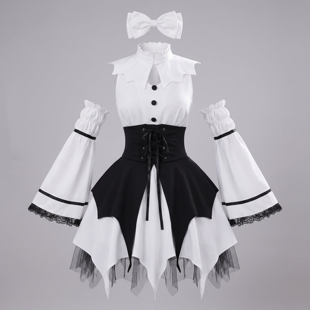 White and black gothic Halloween costume dress with lace-up corset waist, handkerchief hem and lace-trimmed detached bell sleeves - view 5