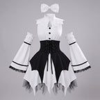 White and black gothic Halloween costume dress with lace-up corset waist, handkerchief hem and lace-trimmed detached bell sleeves - view 5