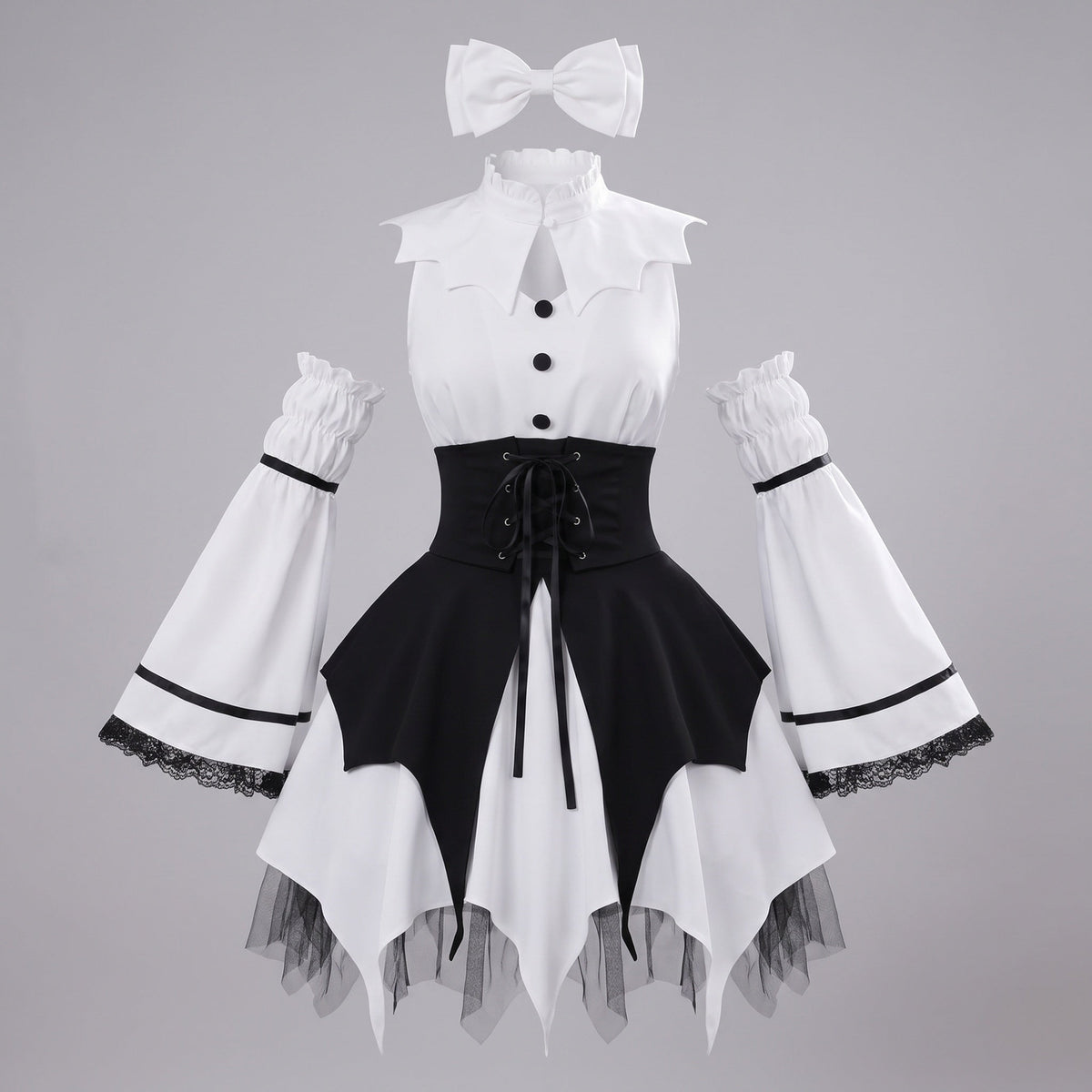 White and black gothic Halloween costume dress with lace-up corset waist, handkerchief hem and lace-trimmed detached bell sleeves - view 5