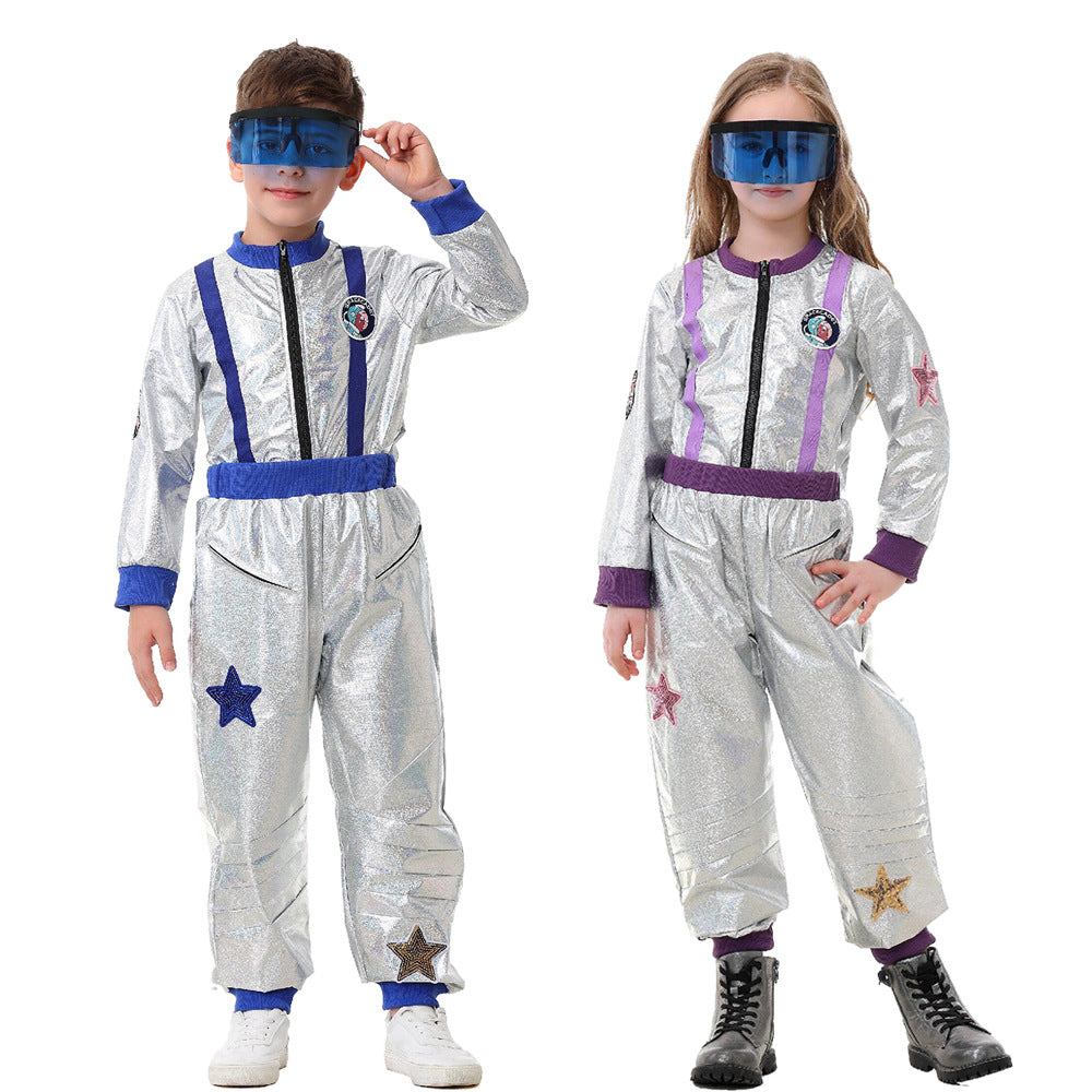 Kids silver astronaut costume jumpsuit with contrast ribbed trim and star patches