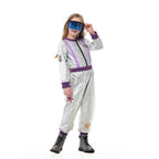 Kids silver astronaut costume jumpsuit with contrast ribbed trim and star patches - view 2