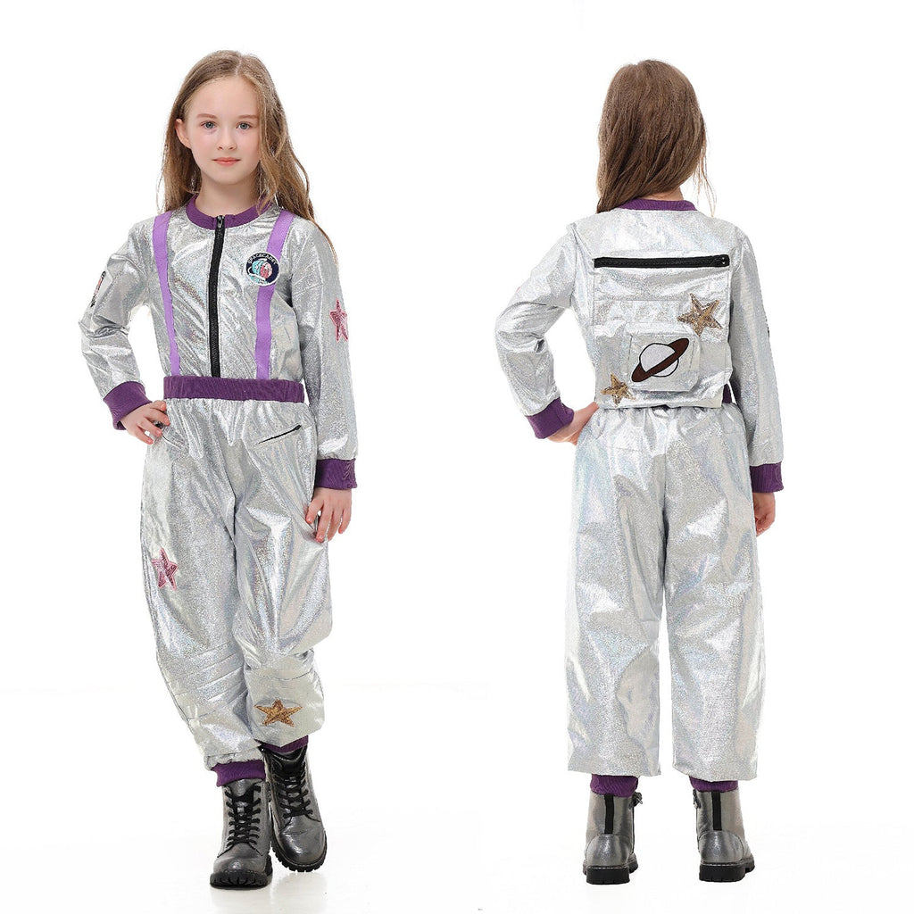 Kids silver astronaut costume jumpsuit with contrast ribbed trim and star patches - view 3
