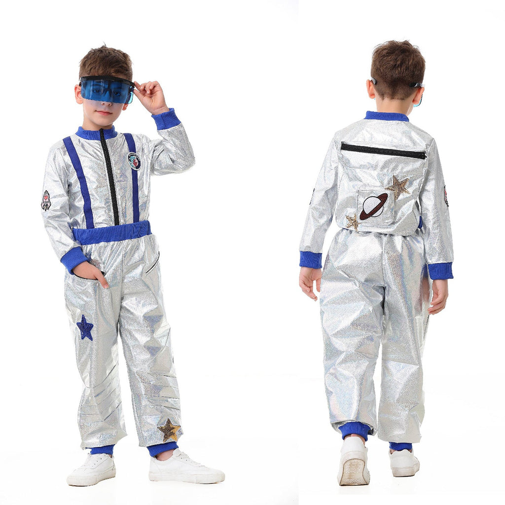 Kids silver astronaut costume jumpsuit with contrast ribbed trim and star patches - view 4