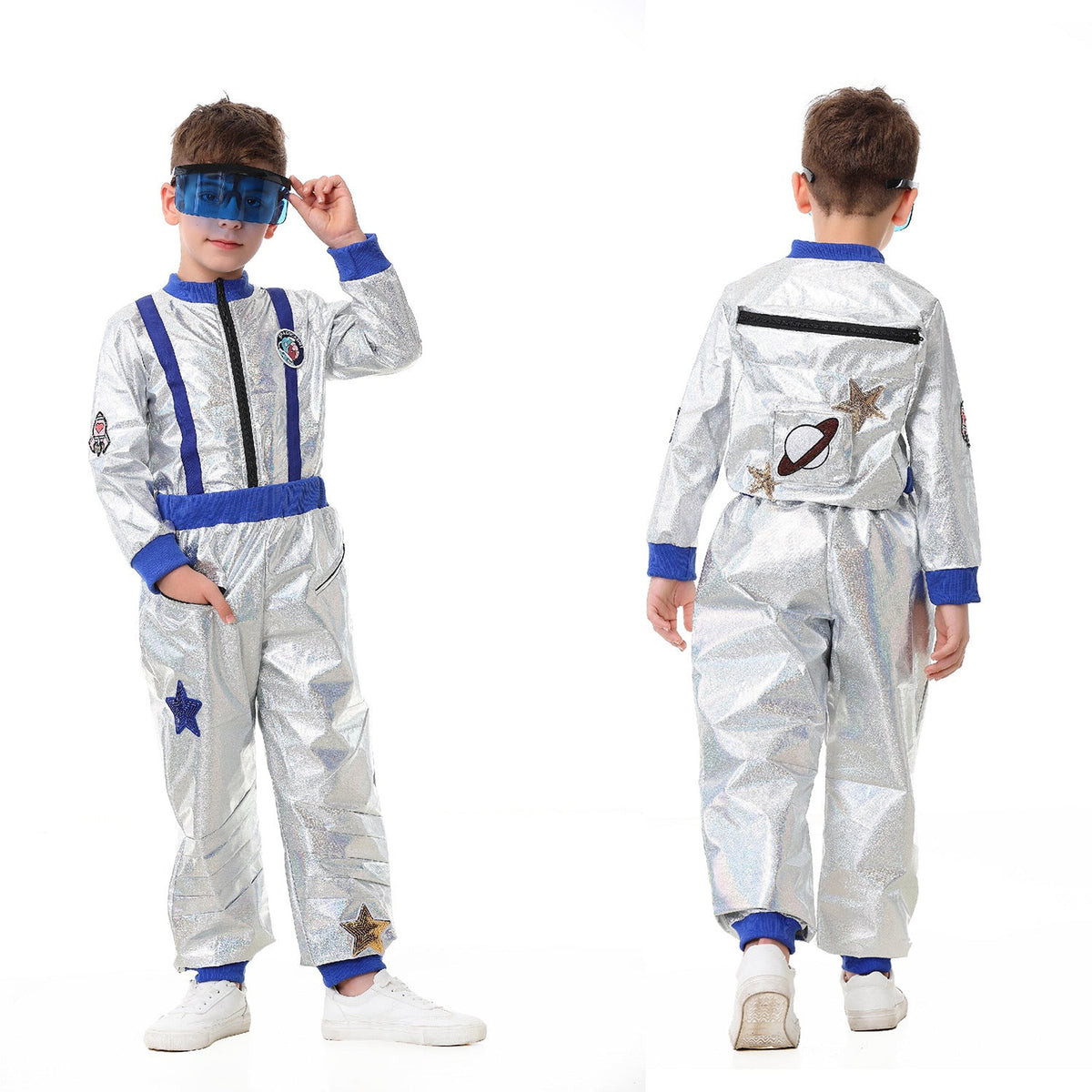 Kids silver astronaut costume jumpsuit with contrast ribbed trim and star patches - view 8