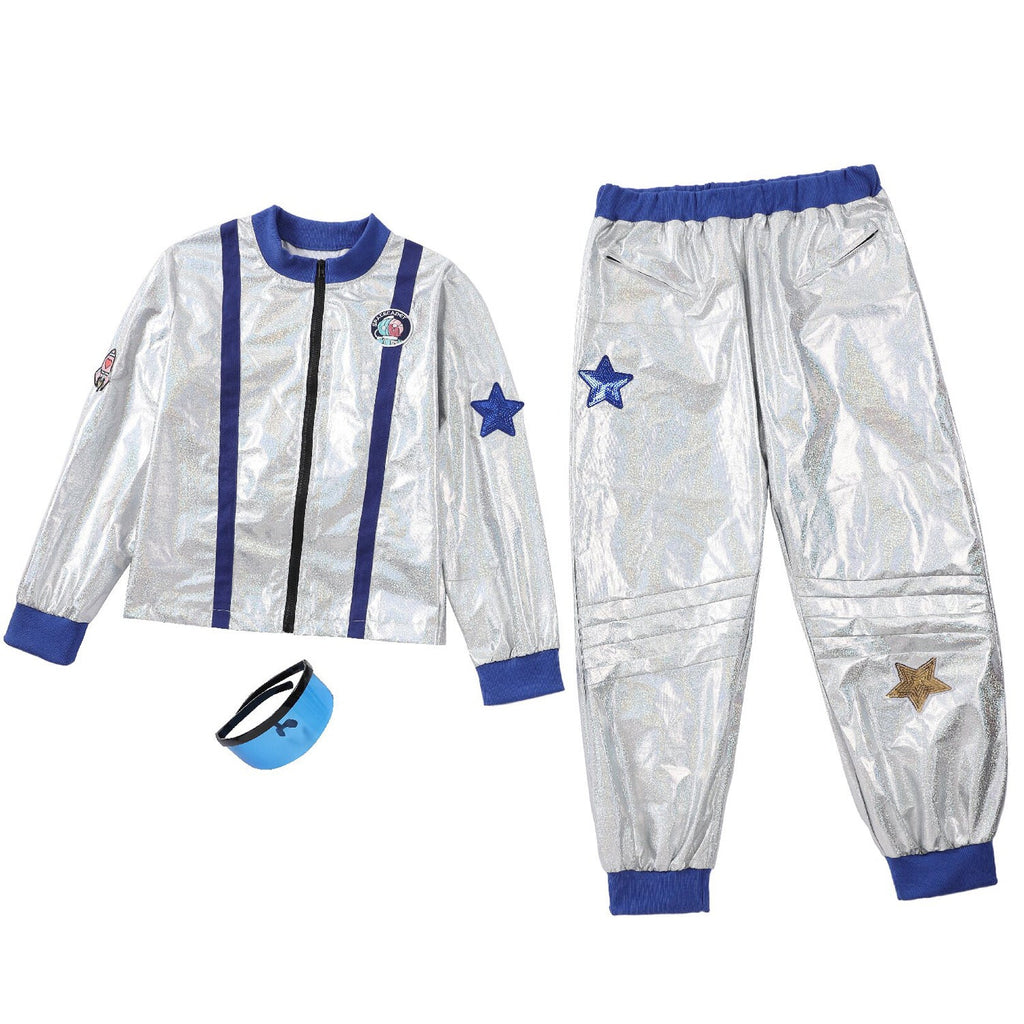 Kids silver astronaut costume jumpsuit with contrast ribbed trim and star patches - view 9