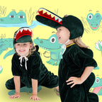 Kids green crocodile Halloween costume with open-jaw hat and spiked tail