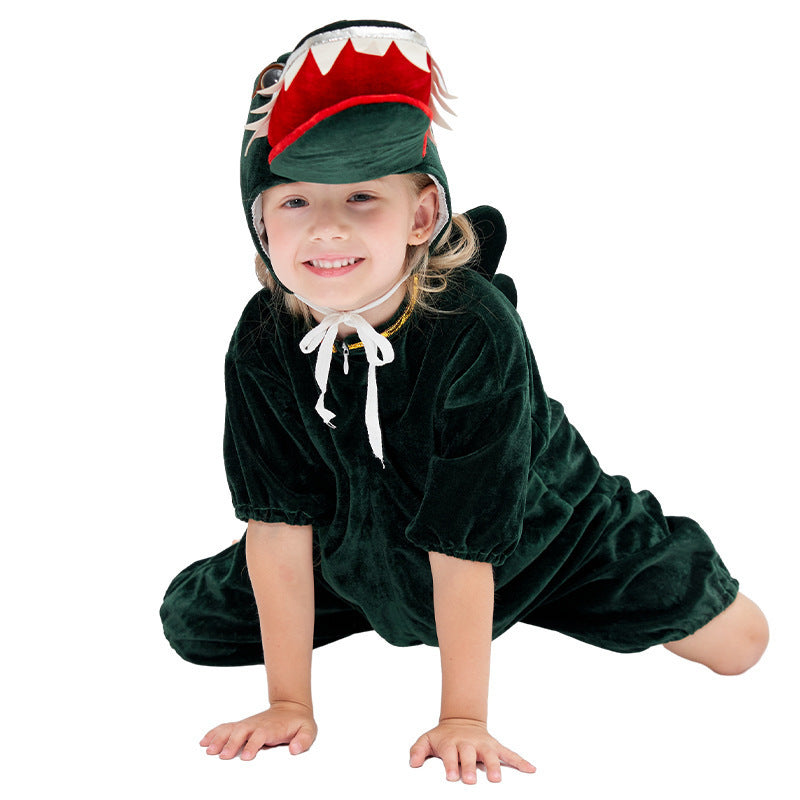 Kids green crocodile Halloween costume with open-jaw hat and spiked tail - view 2