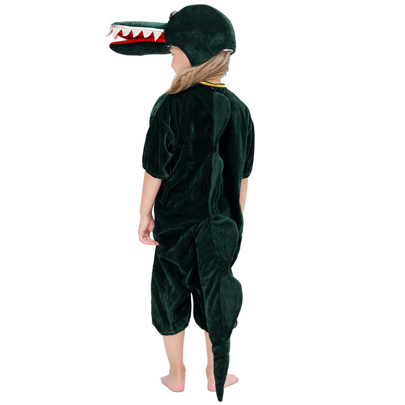 Kids green crocodile Halloween costume with open-jaw hat and spiked tail - view 3