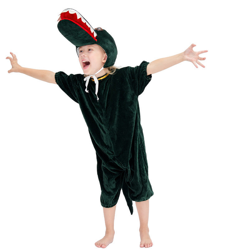 Kids green crocodile Halloween costume with open-jaw hat and spiked tail - view 5