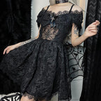 Gothic off-the-shoulder lace-trimmed dress with spiderweb mesh bodice and flared skirt - view 2