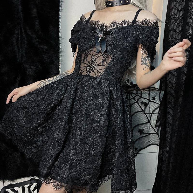 Gothic off-the-shoulder lace-trimmed dress with spiderweb mesh bodice and flared skirt - view 2