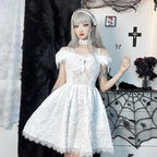 Gothic off-the-shoulder lace-trimmed dress with spiderweb mesh bodice and flared skirt - view 3