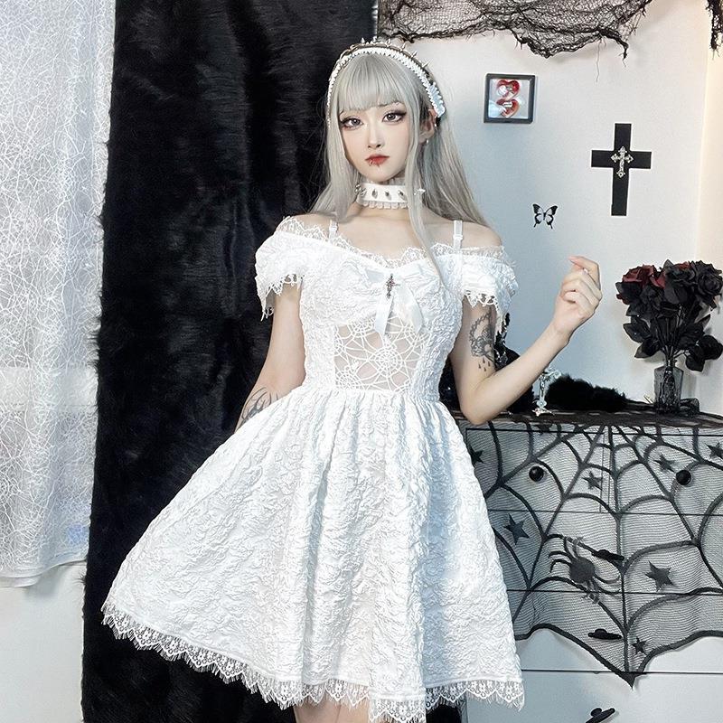 Gothic off-the-shoulder lace-trimmed dress with spiderweb mesh bodice and flared skirt - view 3