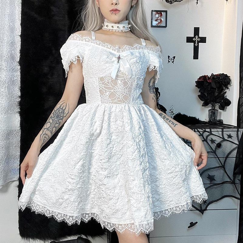 Gothic off-the-shoulder lace-trimmed dress with spiderweb mesh bodice and flared skirt - view 4