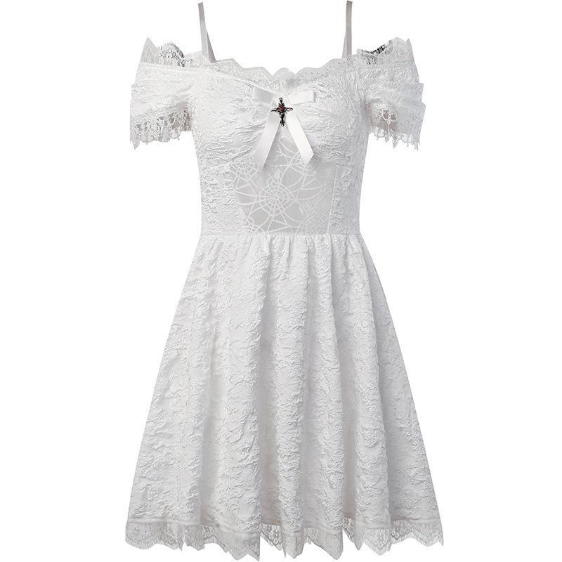 Gothic off-the-shoulder lace-trimmed dress with spiderweb mesh bodice and flared skirt - view 5