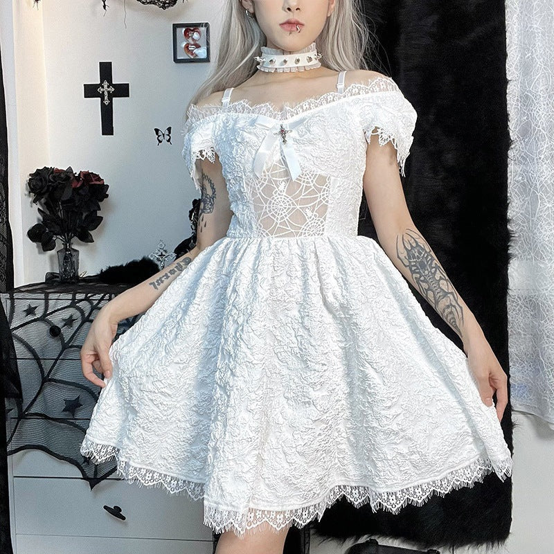 Gothic off-the-shoulder lace-trimmed dress with spiderweb mesh bodice and flared skirt - view 8