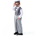 Kids old man Halloween costume with argyle-print jumpsuit, bow tie, gray flat cap, round glasses and mustache - view 2