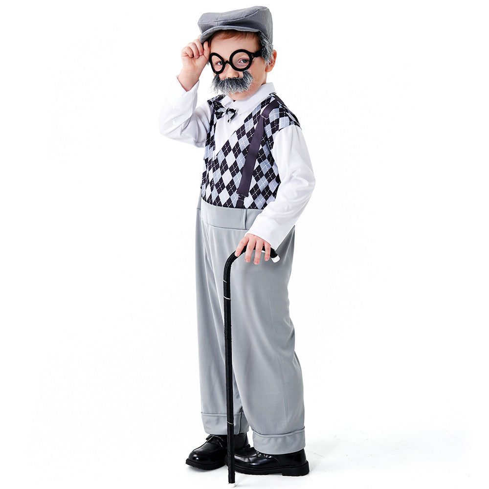 Kids old man Halloween costume with argyle-print jumpsuit, bow tie, gray flat cap, round glasses and mustache - view 2