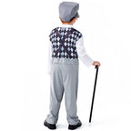Kids old man Halloween costume with argyle-print jumpsuit, bow tie, gray flat cap, round glasses and mustache - view 3